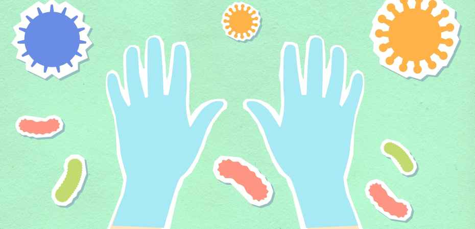 cutout paper composition of hands in gloves near bacteria