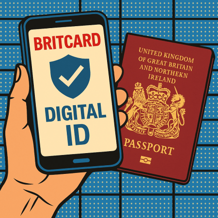 BritCard UK digital ID illustration showing smartphone app and British passport under surveillance grid