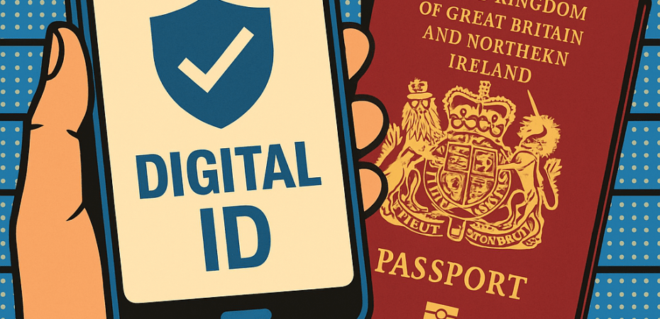 BritCard UK digital ID illustration showing smartphone app and British passport under surveillance grid
